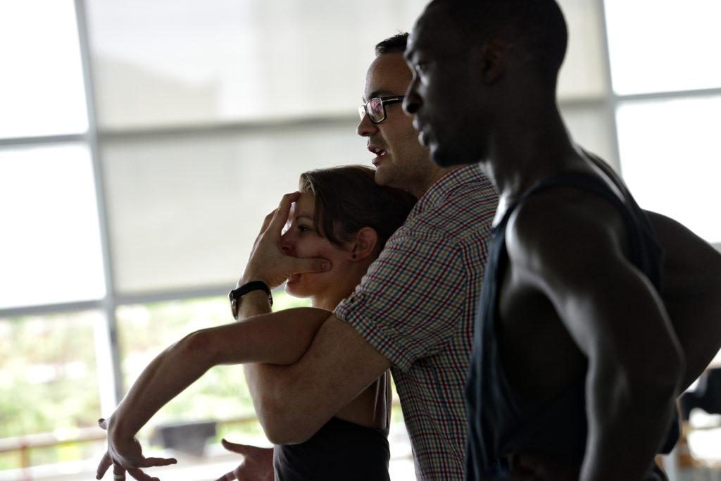 Ballet BC Dancers Gilbert Small (front) Emily Chessa (back) with Choreographer Cayetano Soto; Photo by Michael Slobodian colour