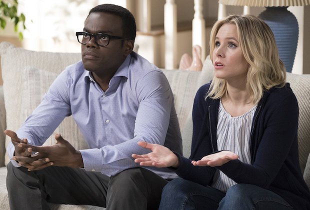 THE GOOD PLACE -- "Dance Dance Resolution" Episode 203 -- Pictured: (l-r) William Jackson Harper as Chidi, Kristen Bell as Eleanor Shellstrop -- (Photo by: Colleen Hayes/NBC)