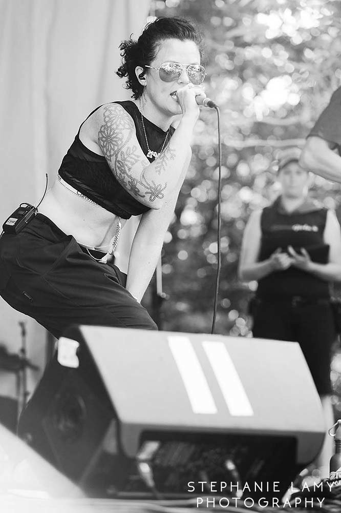Iskwe (vocals) on stage 3 during Day 2 of the Vancouver Folk Music Festival at Jericho beach park on Saturday Jul 14, 2018, in Vancouver, BC, Canada - Photo © Stephanie Lamy