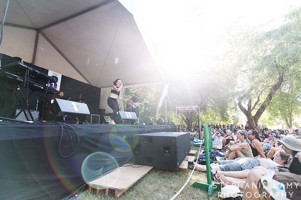 Iskwe (vocals) on stage 3 during Day 2 of the Vancouver Folk Music Festival at Jericho beach park on Saturday Jul 14, 2018, in Vancouver, BC, Canada - Photo © Stephanie Lamy