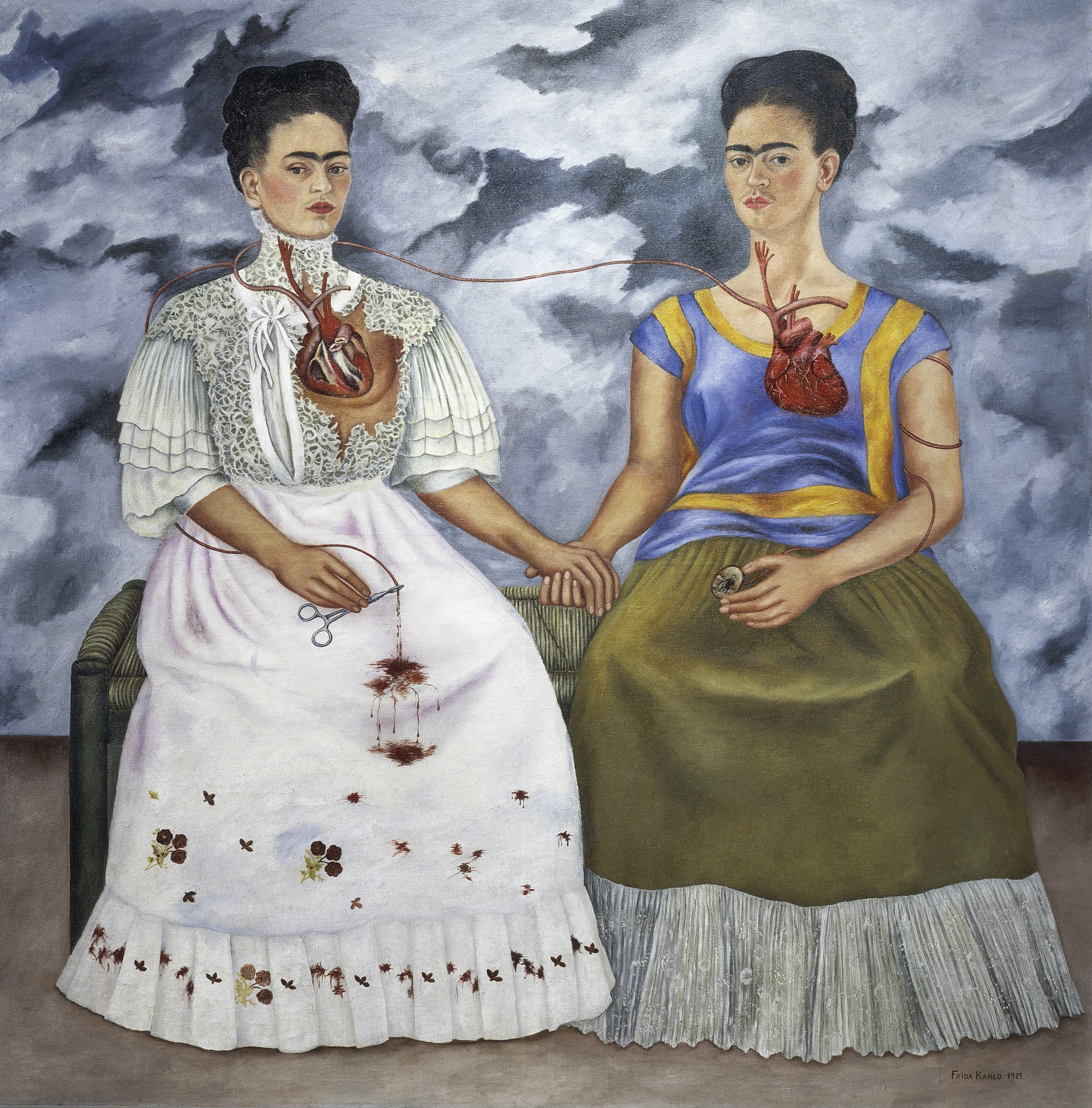 1255895 The Two Fridas, 1939 (oil on canvas) by Kahlo, Frida (1907-54); 173.5x173 cm; Museo de Arte Moderno, Mexico City, Mexico; (add.info.: Las dos Fridas. One is wearing a white European-style Victorian dress while the other is wearing a traditional Tehuana dress.); De Agostini Picture Library / G. Dagli Orti; Mexican, in copyright. PLEASE NOTE: This image is protected by the artist's copyright which needs to be cleared by you. If you require assistance in clearing permission we will be pleased to help you.