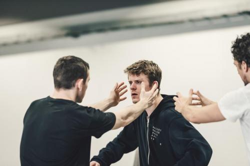 Ballet BC Dancers Brandon Alley and Scott Fowler with Choreographer Medhi Walerski. Photo by Four Eyes Portraits.